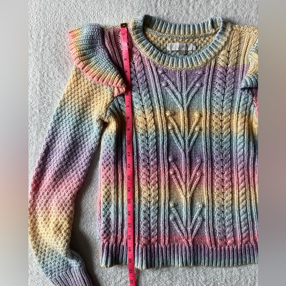 Pastel Rainbow Cable Knit Sweater, LOFT, Women’s Sz Small. Shoulder Ruffle - Picture 4 of 8